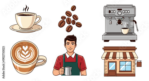 A vector graphic illustration of a barista with coffee cups and equipment