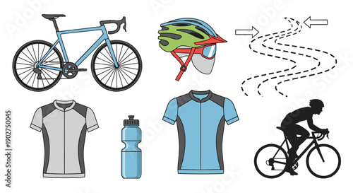 A vector graphic illustration of cycling gear and accessories on a