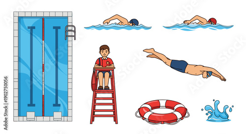 A colorful vector illustration of a swimming pool with lifeguard and swimmers in action