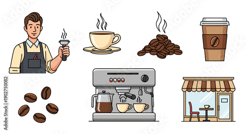 A minimalist vector illustration of a coffee shop with various coffee related items and a barista