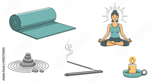A serene yoga illustration with a woman meditating surrounded by calming elements and a yoga mat