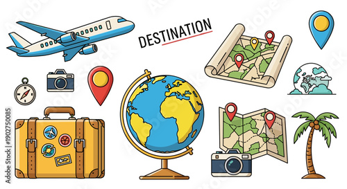 A colorful vector graphic illustration of travel and tourism icons on a