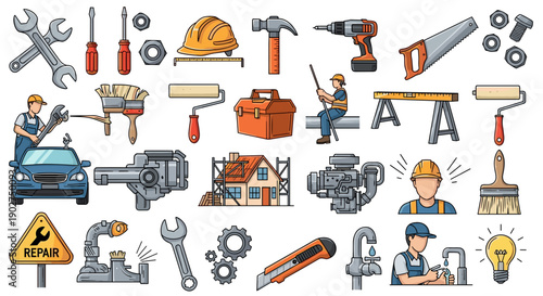 A collection of colorful vector icons depicting various construction and repair tools and equipment