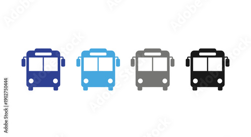 Bus Icons in Various Colors: A collection of stylized bus icons in various shades, suggesting mobility, transport, and travel.