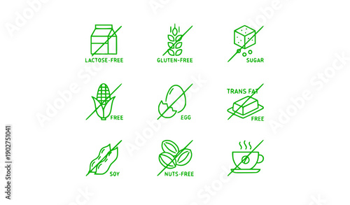 Allergy Free Icons Set: Lactose, Gluten, Sugar, Egg, Soy, Nuts Free Vector Illustration