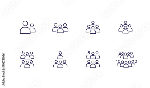 Group Icon Set: People Counts from 2 to 10, Flat Design Vector Illustration