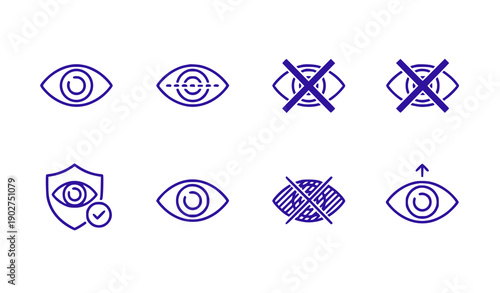 Set of eye icons representing visibility and security concepts in flat design vector illustration
