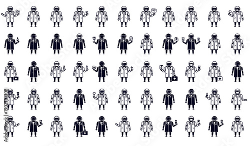 Collection of doctor icons in various poses and actions vector illustration