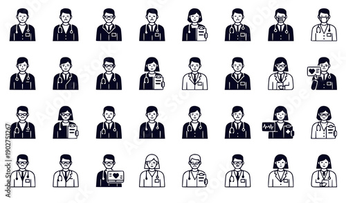 Diverse healthcare professionals set flat design vector illustration scalable art