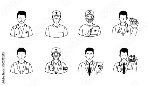 Set of male doctors and medical professionals in various roles vector illustration