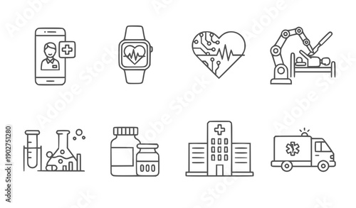 Medical Technology and Healthcare Icons Set, Modern Flat Design vector illustration