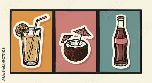 Vintage Style Summer Beverage Sticker Set with Orange Juice, Coconut Cocktail and Soda Bottle on Colorful Triptych Background