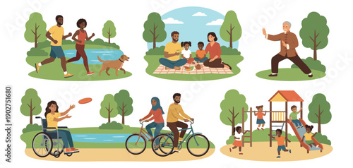 Set of People Doing Outdoor Activities and Sports in Park Flat Vector Illustration