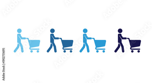 Shopping Cart Icons: A series of vibrant icons depicts a person navigating a shopping cart, capturing the essence of retail and consumerism in a clean, modern design.