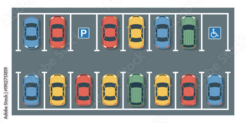 Top view of city car parking lot with colorful vehicles and handicapped space