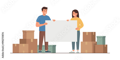 Happy Couple Holding Blank White Banner with Moving Boxes Flat Vector Illustration