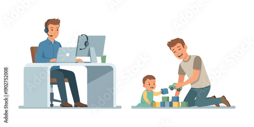 Father Balancing Remote Work and Playing with Baby Son Concept