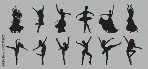 Collection of Female Dancer Silhouettes in Elegant Dance Poses.