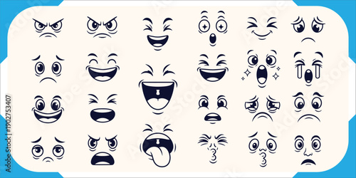 Diverse Cartoon Face Emoticons Set for Digital Communication and Emotional Expression – Vector Outline Design with Various Moods