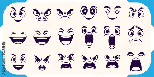 Assortment of Cartoon Face Expressions in Outline Vector Style Depicting Happiness, Anger, Surprise, and Sadness