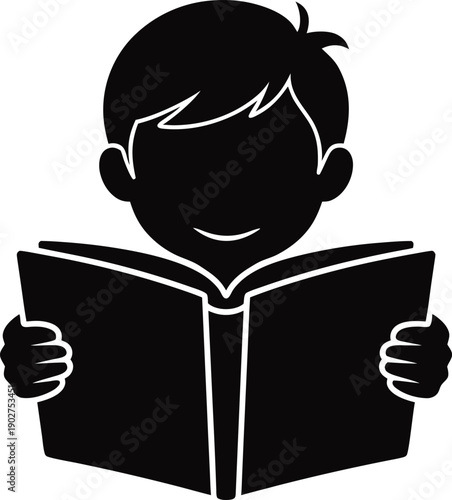 Silhouette of a child reading a book with a smile