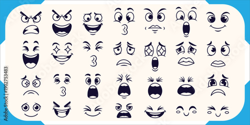 Wide Range of Cartoon Face Expressions Vector Set for Emojis and Digital Communication with Varied Emotional States