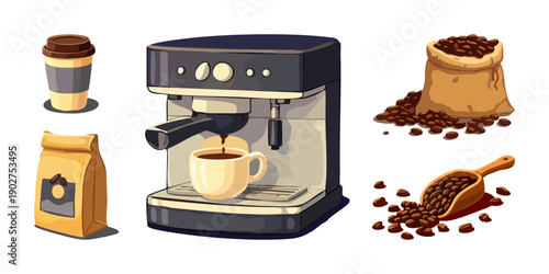 Vector set of coffee elements isolated on white background. Espresso machine, takeaway cup, coffee beans, scoop and packaging in colorful flat style for cafe branding, menus, packaging, etc.