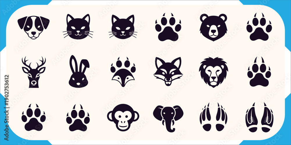 Fototapeta premium Diverse Animal Icons and Paw Prints Silhouette Vector Set Featuring Domestic, Wild, and Exotic Wildlife