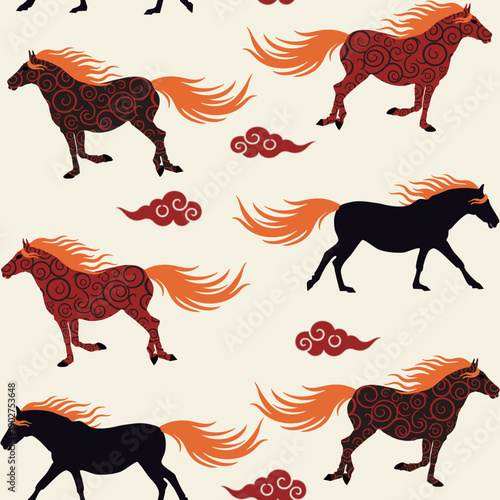 Seamless pattern Fire Horses and clouds on beige background, vector eps 10