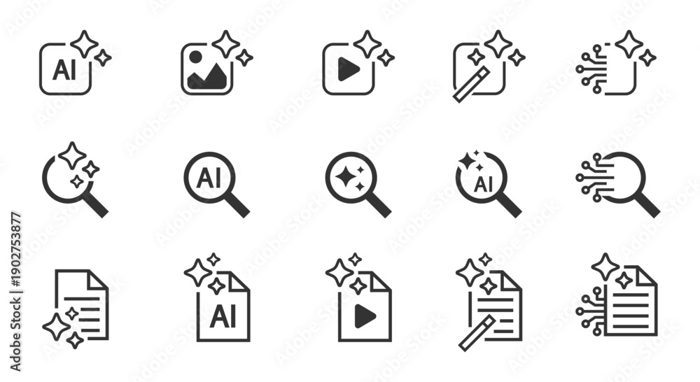 Fototapeta premium Set of AI generate icon. Artificial intelligence technology and Machine learning concept. Collection of AI document Generator icon, AI search icon. Editable stroke. Vector illustration
