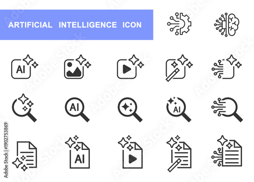 Set of AI generate icon. Artificial intelligence technology and Machine learning concept. Collection of AI document Generator icon, AI search icon. Editable stroke. Vector illustration