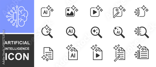 Set of AI generate icon. Artificial intelligence technology and Machine learning concept. Collection of AI document Generator icon, AI search icon. Editable stroke. Vector illustration