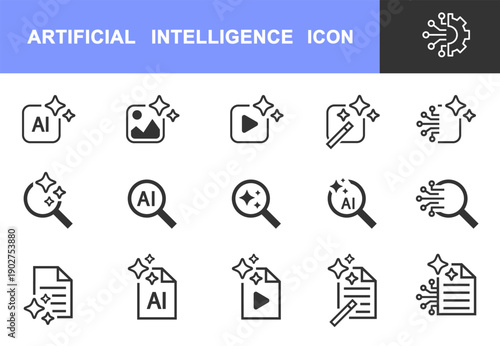 Set of AI generate icon. Artificial intelligence technology and Machine learning concept. Collection of AI document Generator icon, AI search icon. Editable stroke. Vector illustration