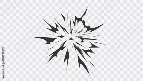 Compact comic style central burst symbol with sharp impact lines and transparent background. Dynamic explosion mark forming strong visual emphasis, suitable for action effects, hit impact, power.