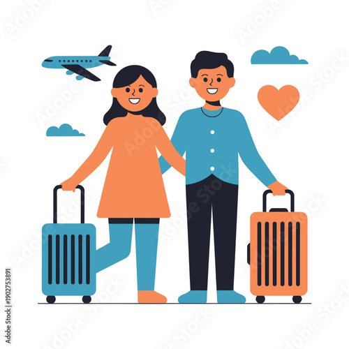 A happy couple with luggage standing together, ready for a romantic vacation or honeymoon trip, with an airplane flying overhead.