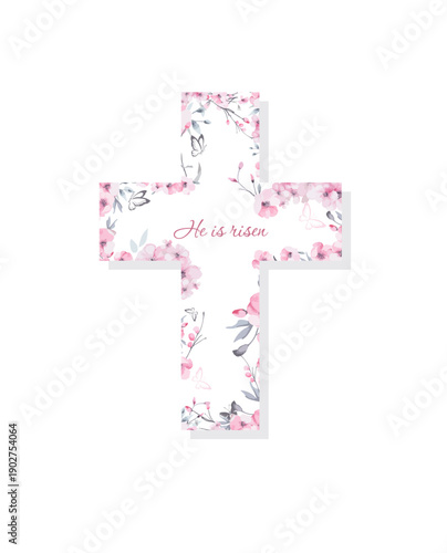 Religious cross with sakura flowers. . Hand drawn. Not AI, vector illustration. He is risen Hand drawn. Not AI, vector illustration
