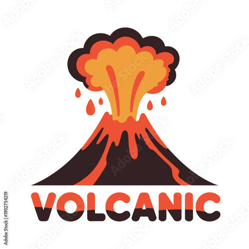 A cartoon illustration of a volcanic eruption with the word VOLCANIC written below it