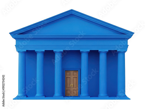 A blue building with columns and a triangular roof isolated on transparent background