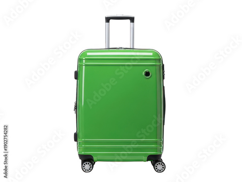 A green suitcase with a handle and wheels isolated on transparent background