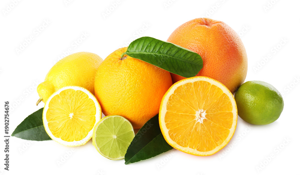 Fototapeta premium Different fresh citrus fruits with green leaves isolated on white