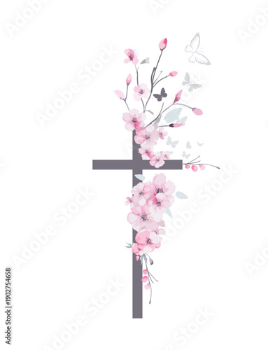 Religious cross with sakura flowers. . Hand drawn. Not AI, vector illustration. He is risen Hand drawn. Not AI, vector illustration