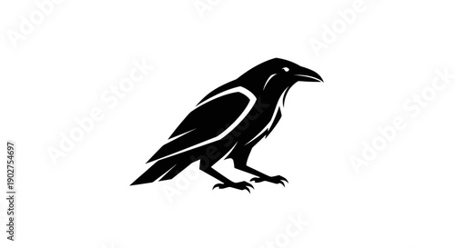 Black raven silhouette on white background