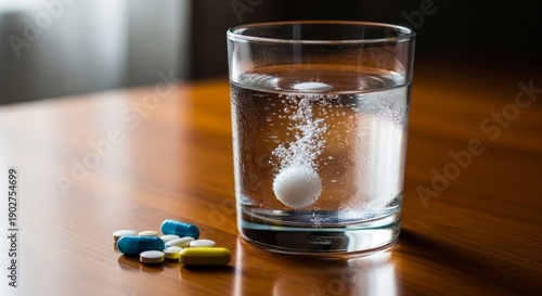 Wallpaper Mural Effervescent tablet dissolving in glass of water on wooden table   Torontodigital.ca