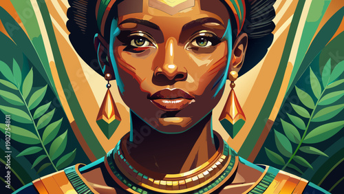 Very beautiful close-up studio portrait of an elegant Benin woman, highlighting natural beauty, confident expression, and contemporary interpretation of traditional African style.