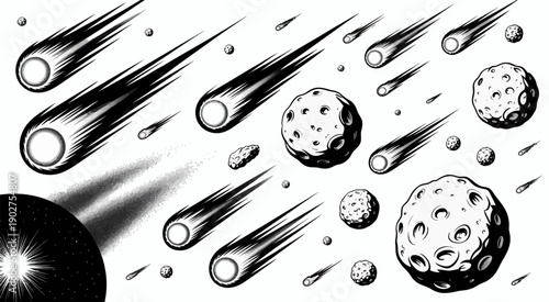 Cosmic asteroids and celestial bodies vector graphic for space astronomy and science design, planets meteors comets illustration, educational futuristic background, detailed scalable artwork concept v