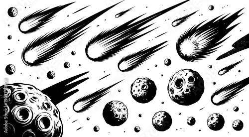 Cosmic asteroids and celestial bodies vector graphic for space astronomy and science design, planets meteors comets illustration, educational futuristic background, detailed scalable artwork concept v