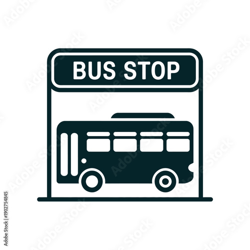 A simple graphic illustration of a bus stop sign with a bus underneath