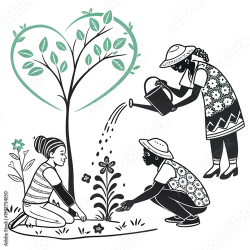 valentine's day Colorful flat design of women nurturing a young tree in a vibrant garden.