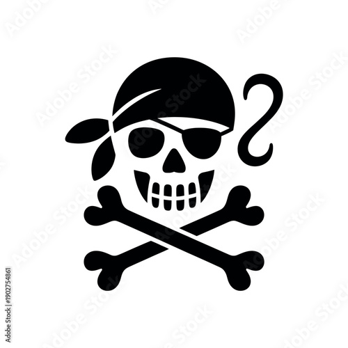 A black and white illustration of a pirate skull and crossbones with a hook and bandana