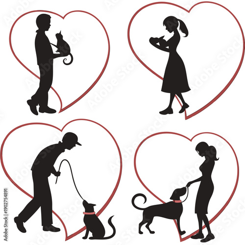valentine's day Couple walking dog and playing tennis vector illustration flat design